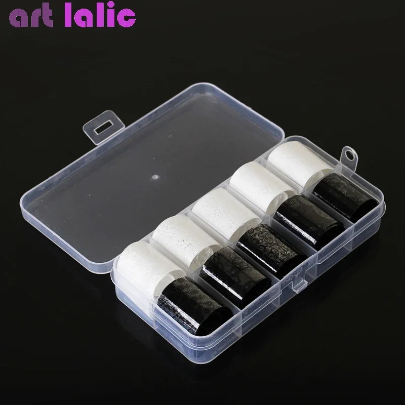 Kit 10 rolos de foil para unhas renda preto e branco