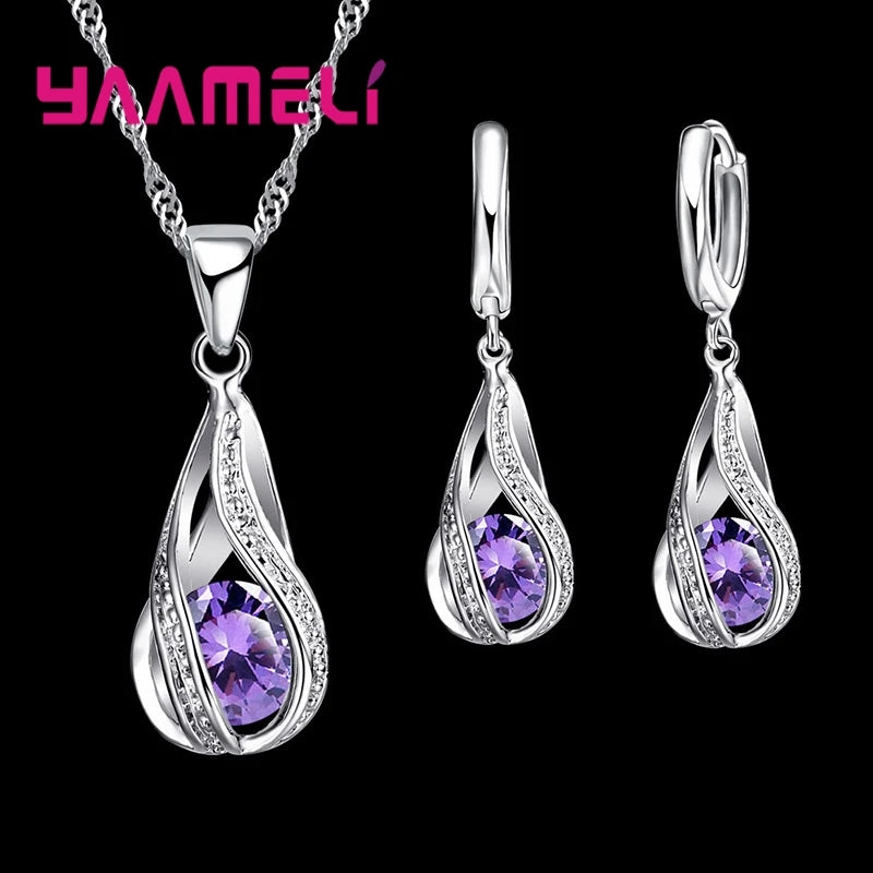Conjunto colar e brincos gota com zircônia