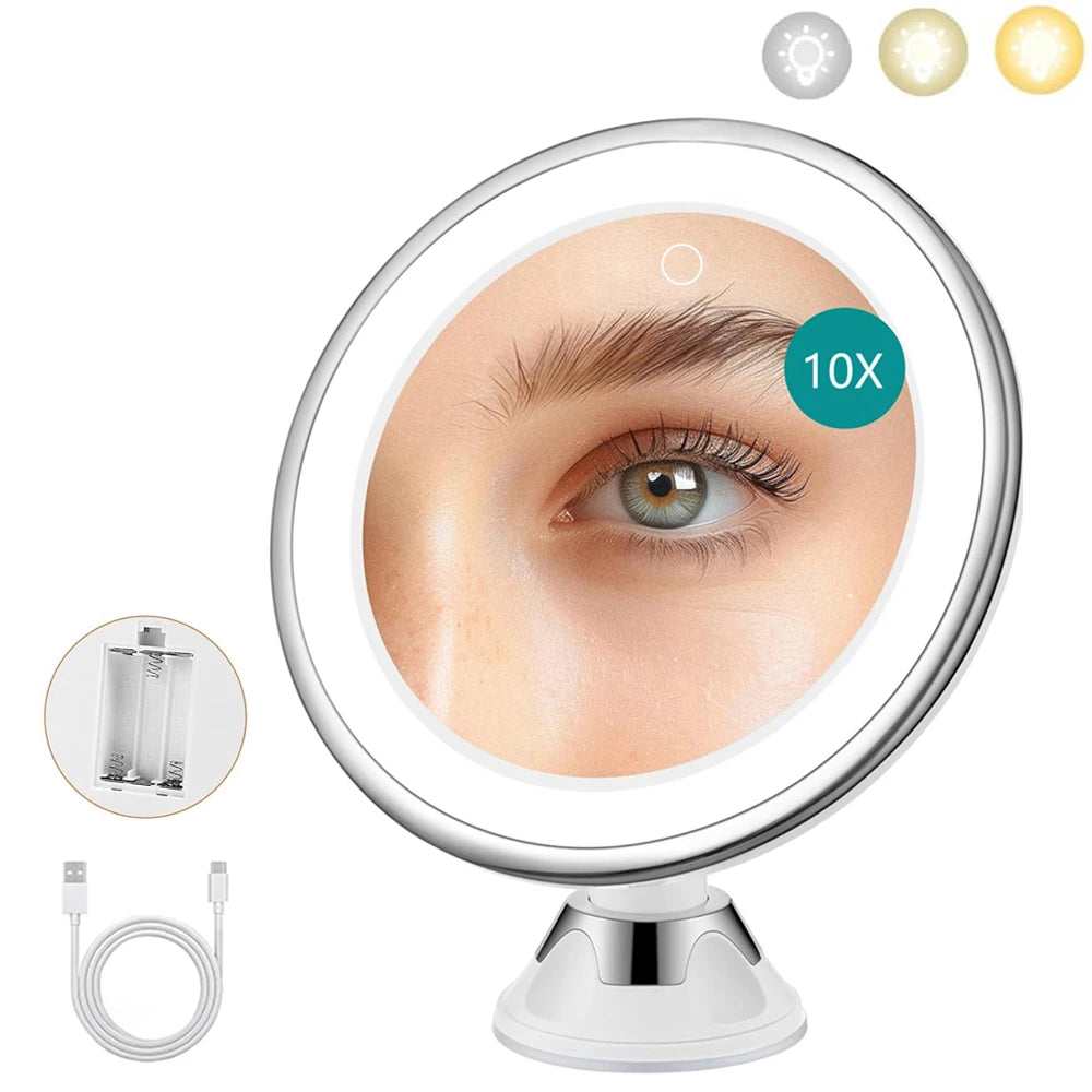 Espelho de maquiagem com aumento 10x e luz LED (3 cores)