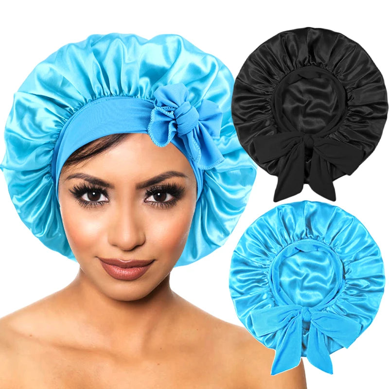 Touca de cetim para cabelo com faixa elástica larga