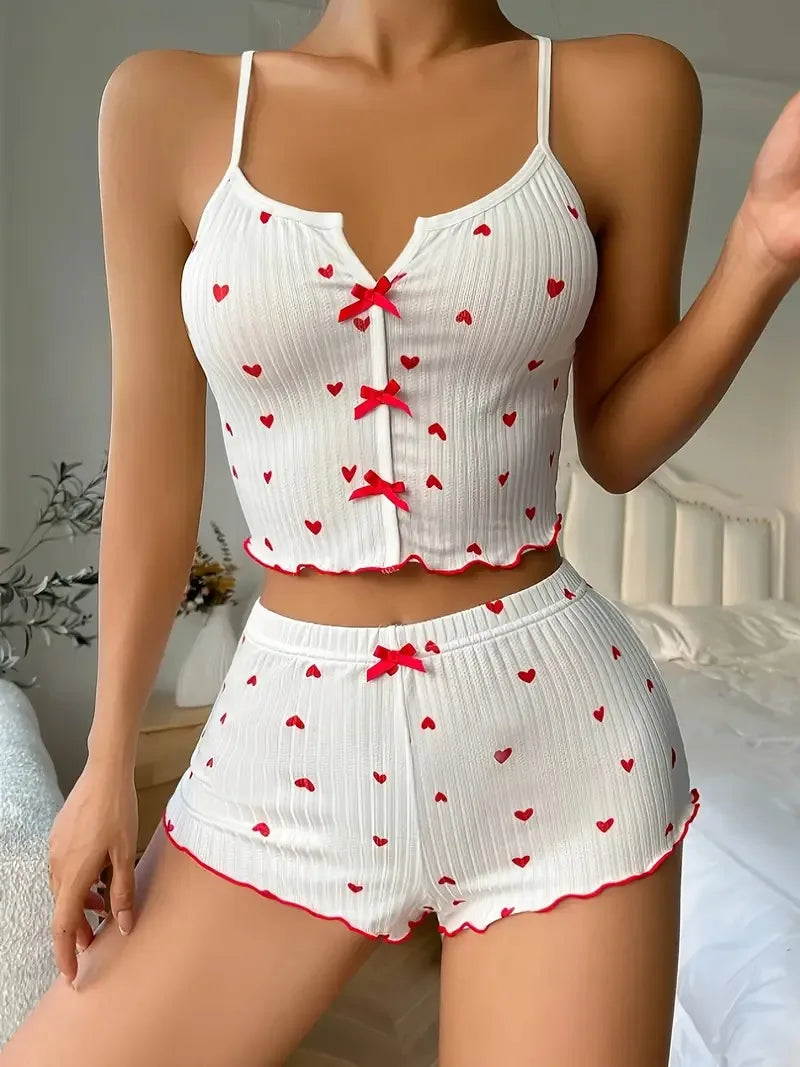 Pijama canelado de corações com babado