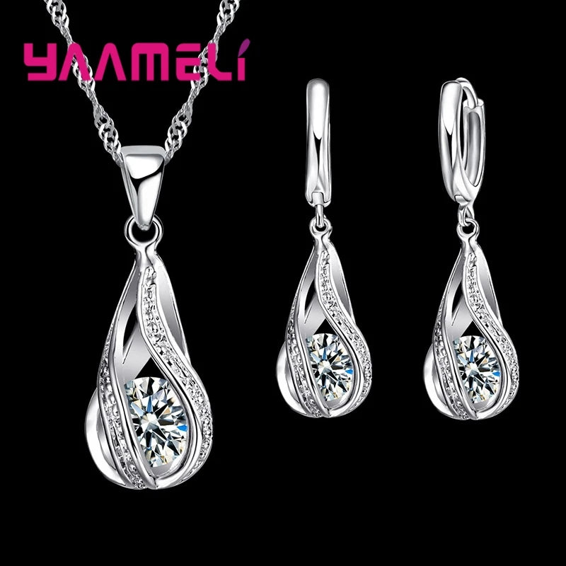 Conjunto colar e brincos gota com zircônia