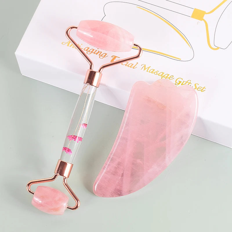Rolo facial de pedra com ponta dupla e gua sha
