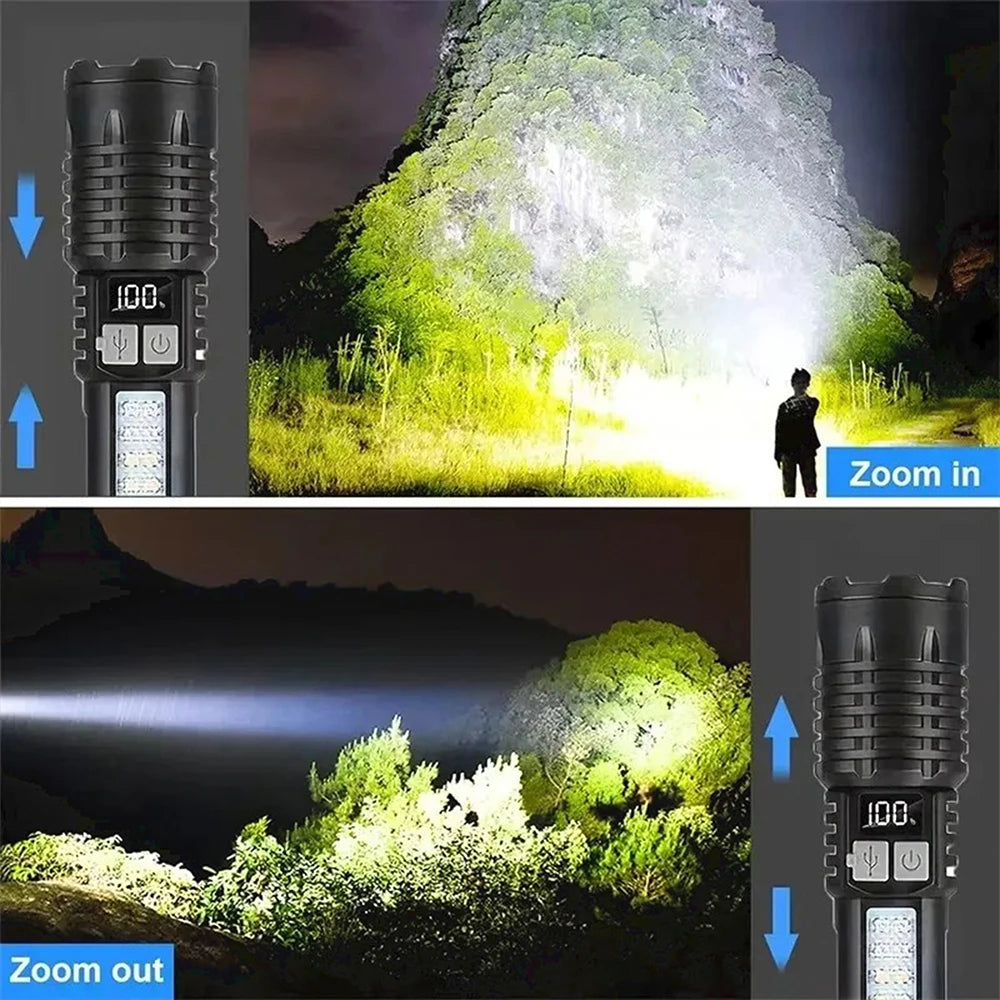 Lanterna LED potente recarregável com luz lateral