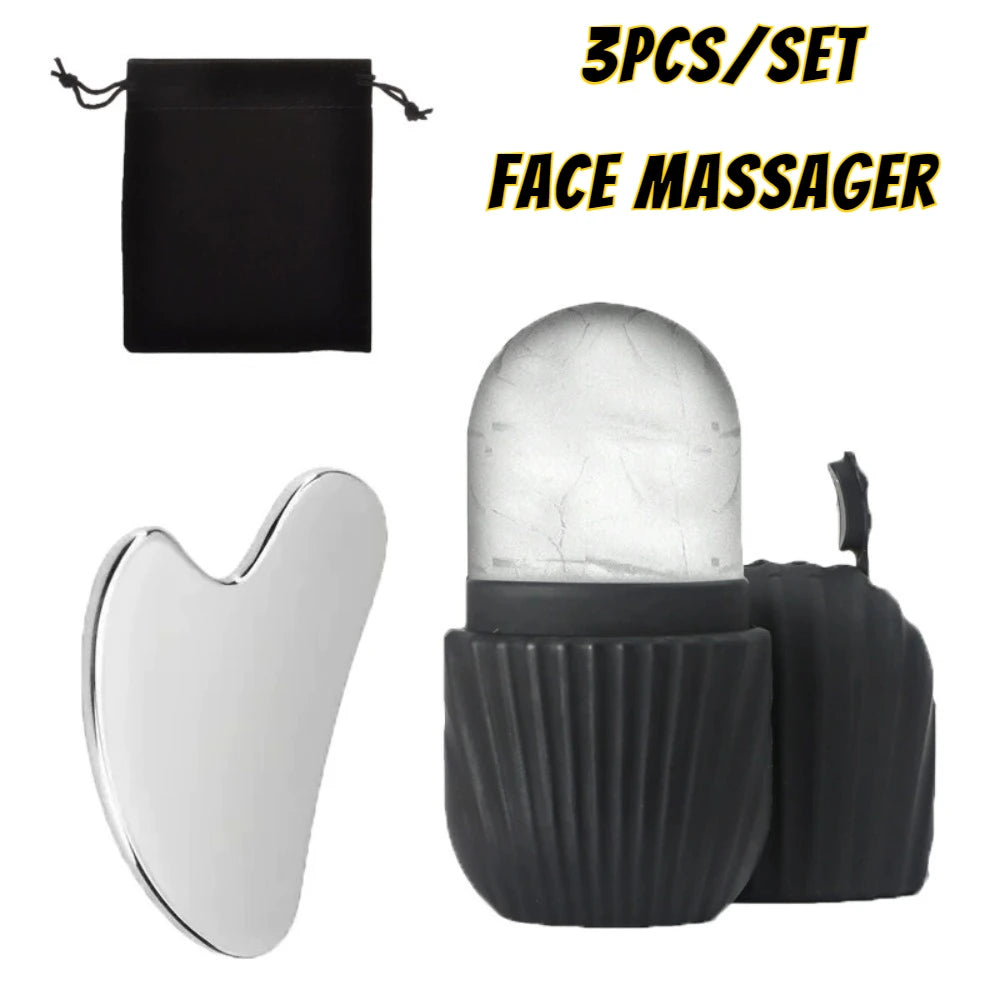 Kit rolo facial de gelo e gua sha em aço inox (3 peças)