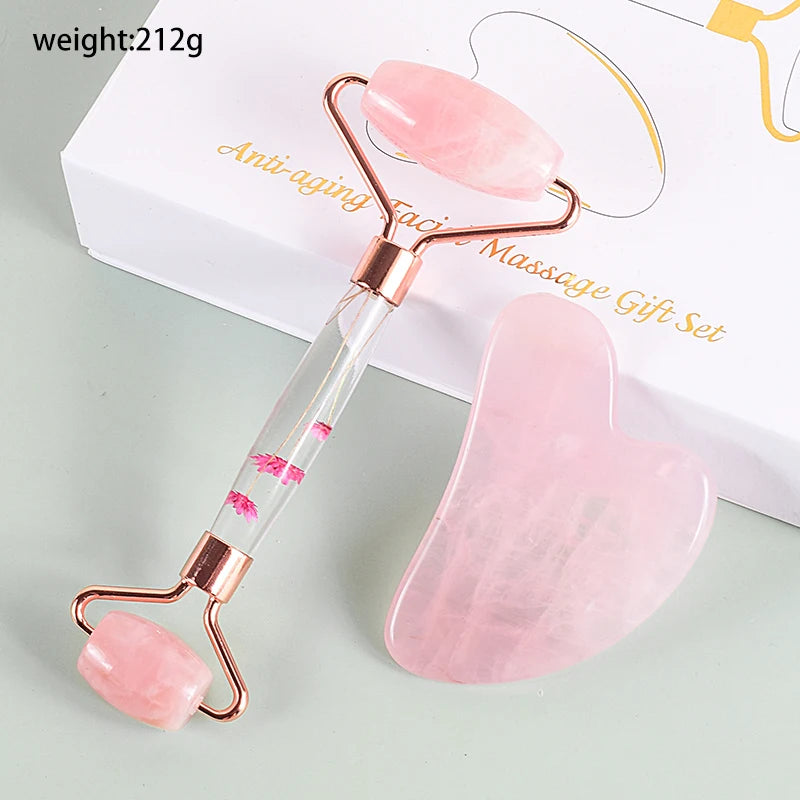 Rolo facial de pedra com ponta dupla e gua sha