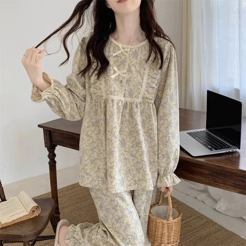 Pijama feminino plus size de manga longa com laço