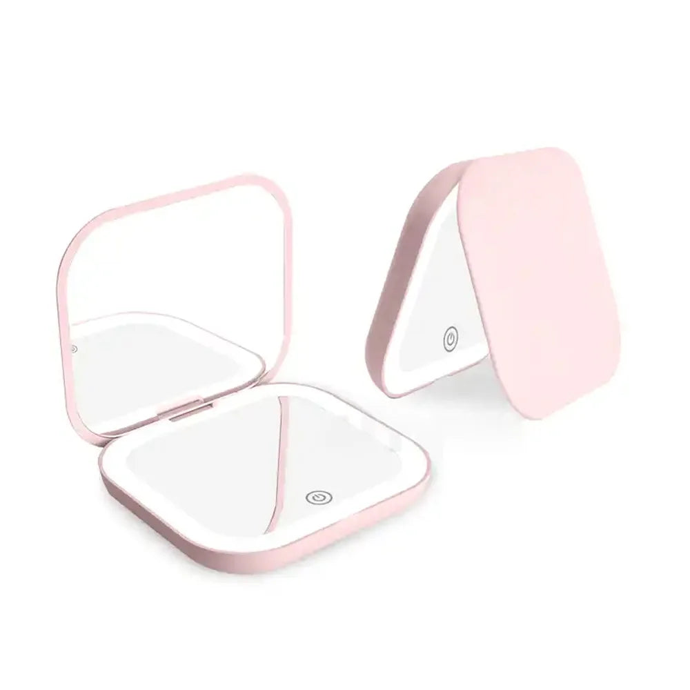 Espelho de bolso com luz LED e aumento 2x