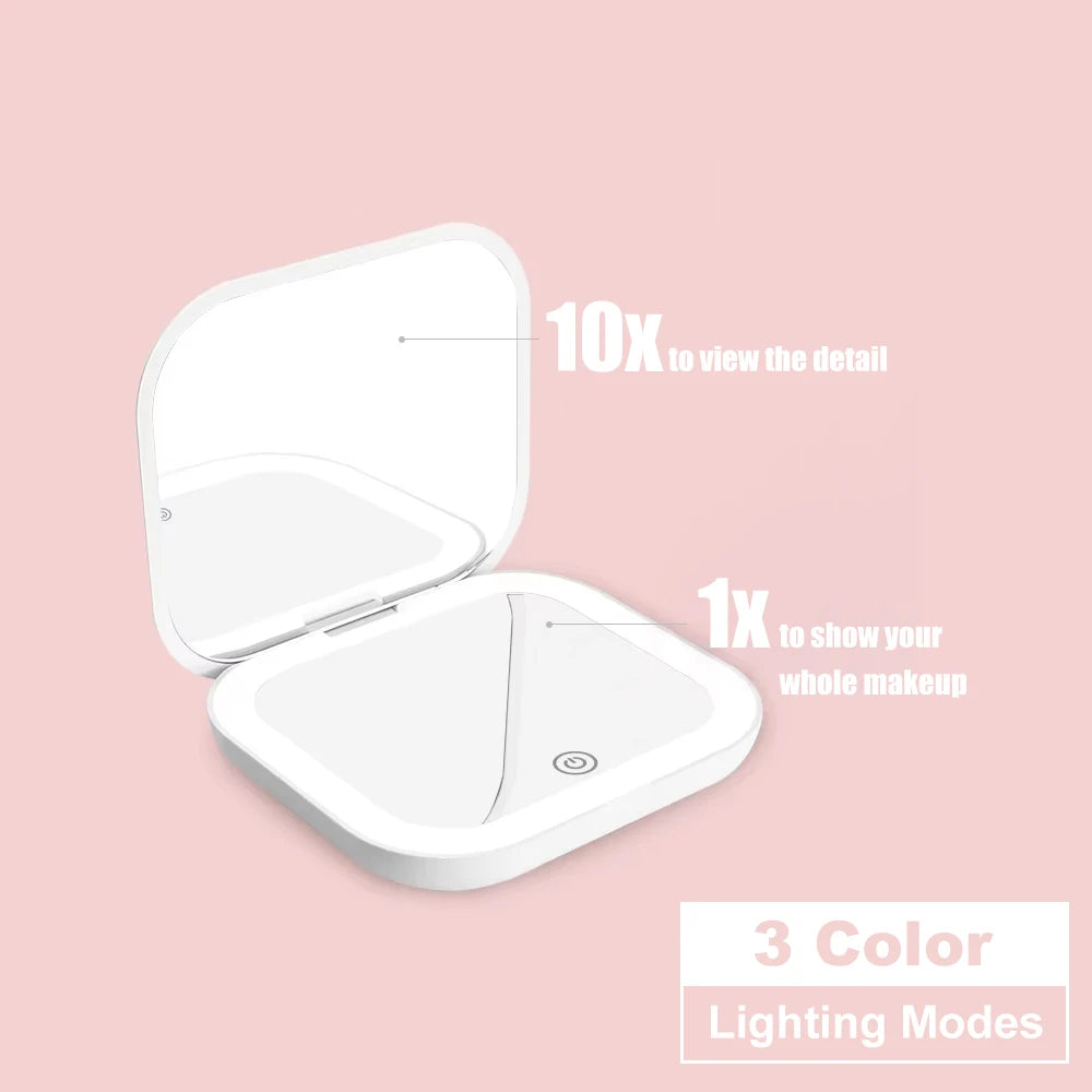 Espelho de bolso com luz LED e aumento 2x