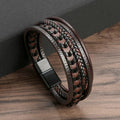 Pulseira masculina de couro trançado em camadas