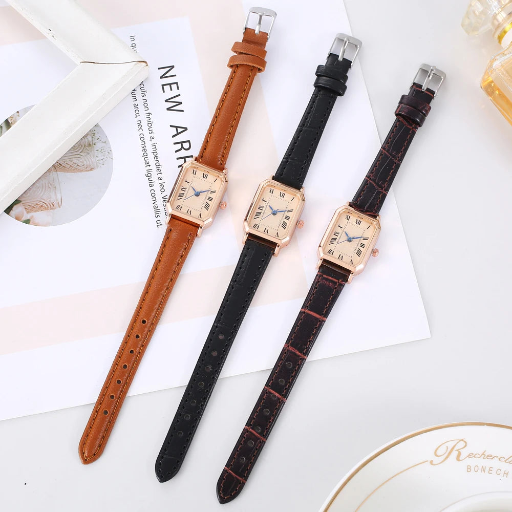 Relógio feminino quadrado retrô com pulseira de couro