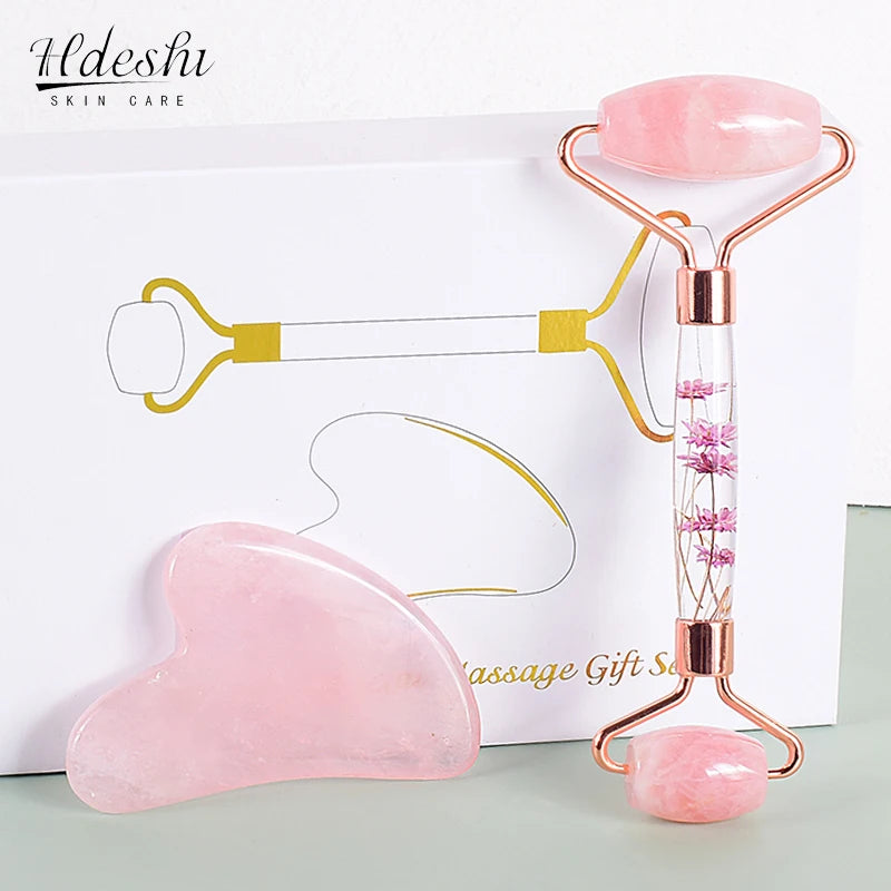Rolo facial de pedra com ponta dupla e gua sha