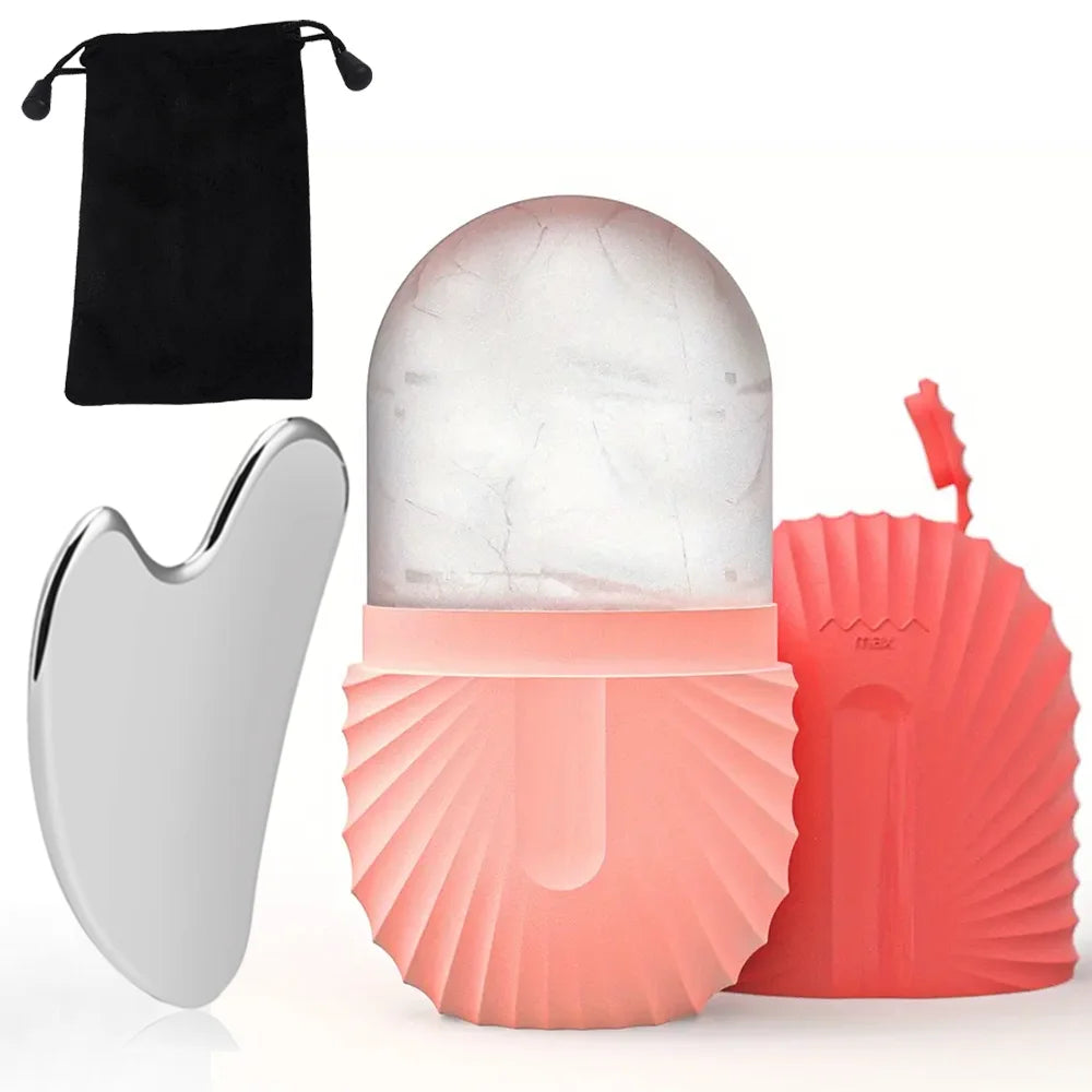 Kit gua sha e rolo de gelo facial em aço inox reutilizável