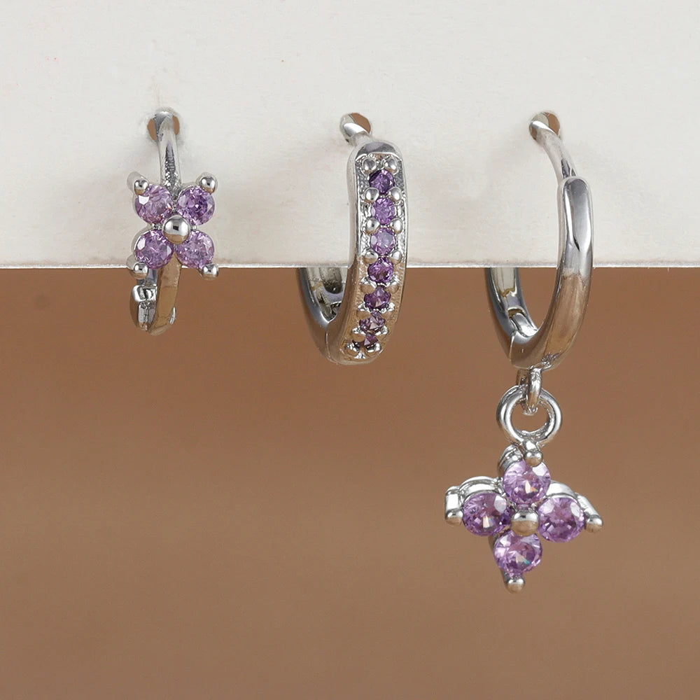 Kit 3 pares de brincos de flor com cristal