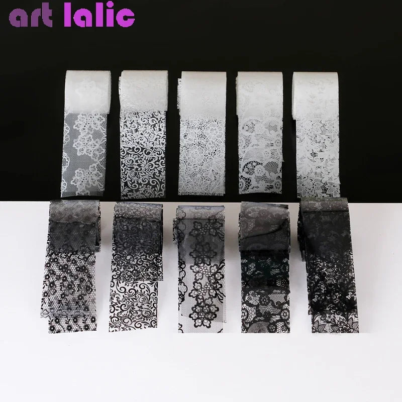 Kit 10 rolos de foil para unhas renda preto e branco