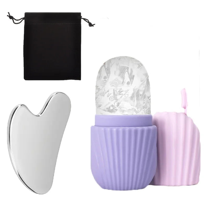 Kit rolo facial de gelo e gua sha em aço inox (3 peças)