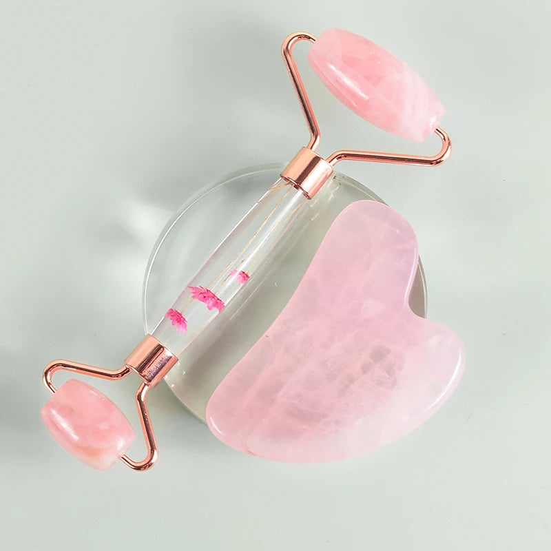 Rolo facial de pedra com ponta dupla e gua sha