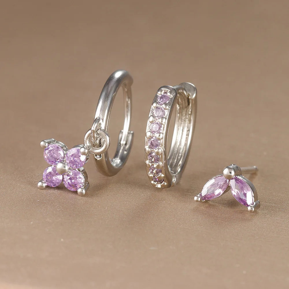 Kit 3 pares de brincos de flor com cristal