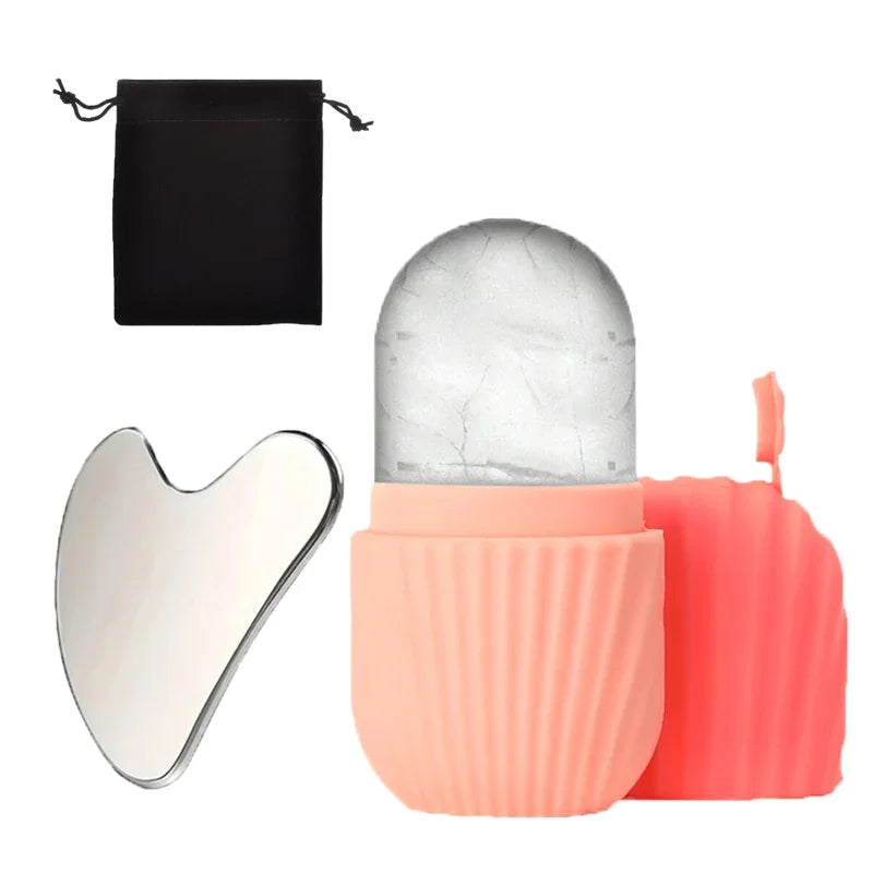 Kit rolo facial de gelo e gua sha em aço inox (3 peças)