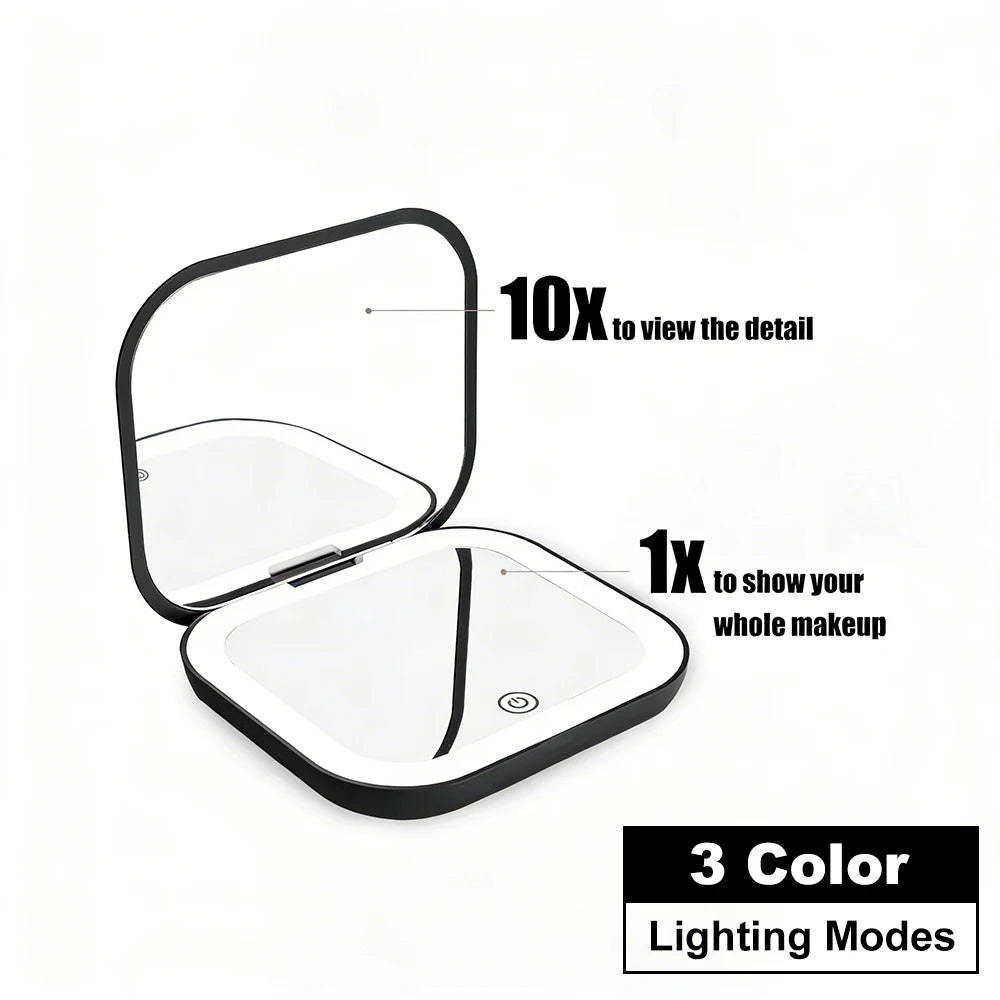 Espelho de bolso com luz LED e aumento 2x