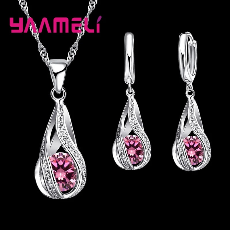 Conjunto colar e brincos gota com zircônia