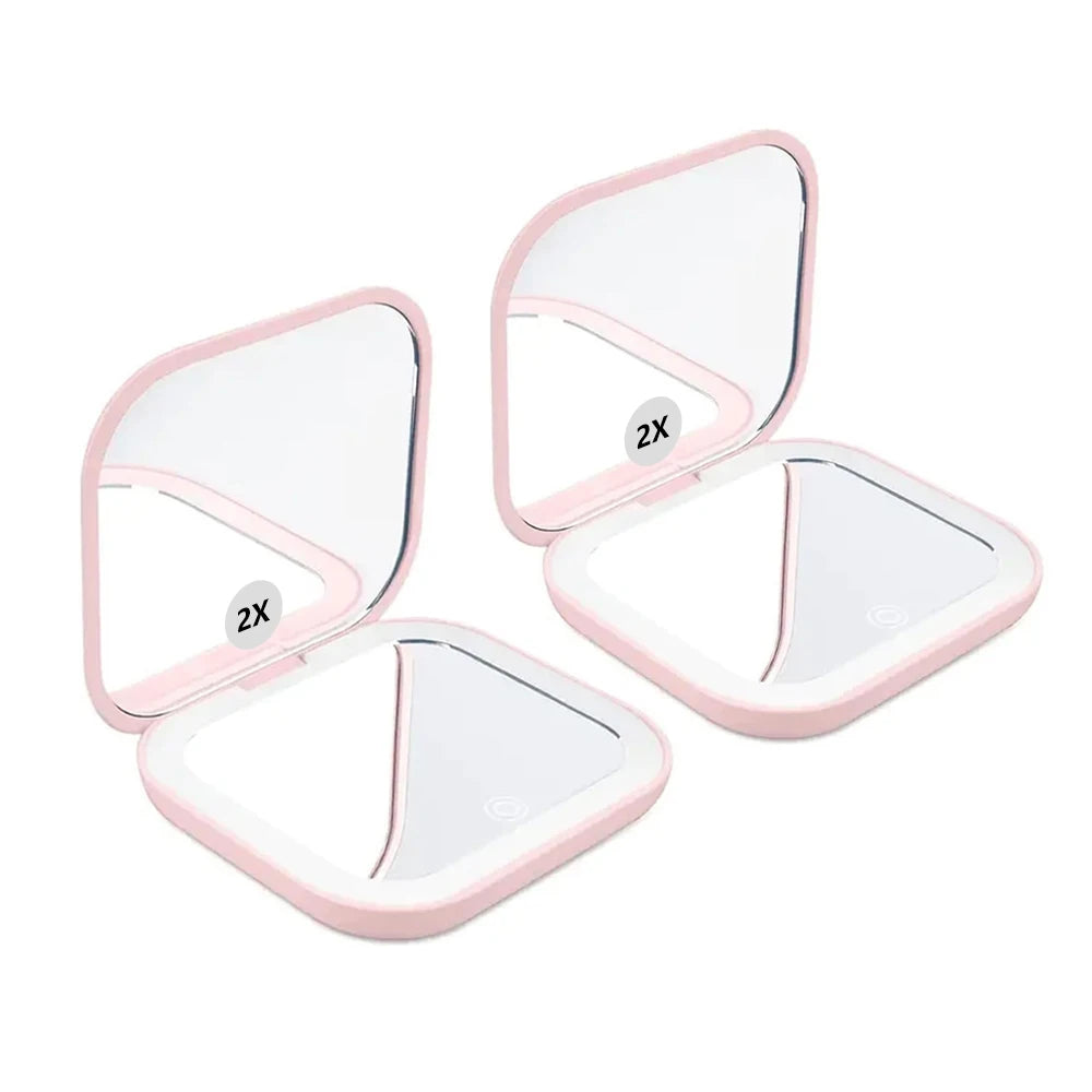 Espelho de bolso com luz LED e aumento 2x