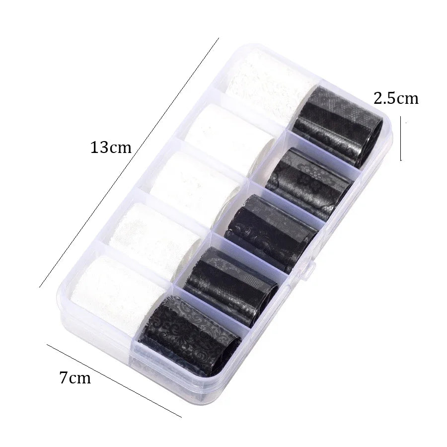 Kit 10 rolos de foil para unhas renda preto e branco
