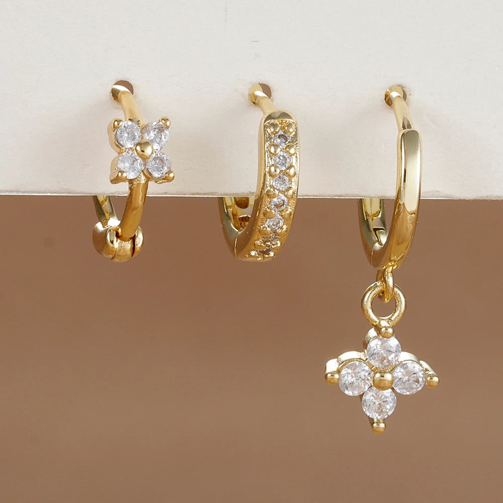 Kit 3 pares de brincos de flor com cristal