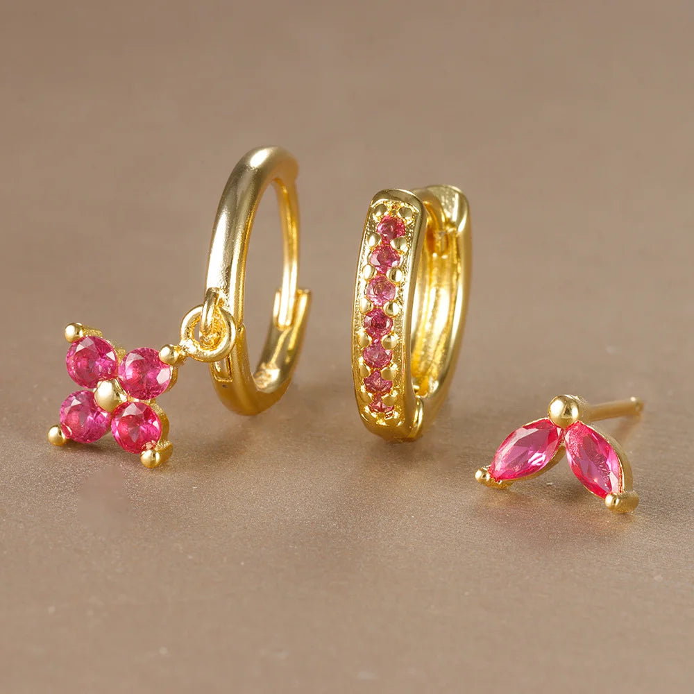 Kit 3 pares de brincos de flor com cristal