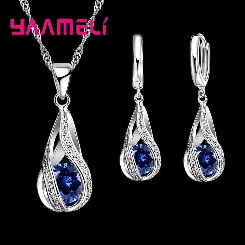 Conjunto colar e brincos gota com zircônia