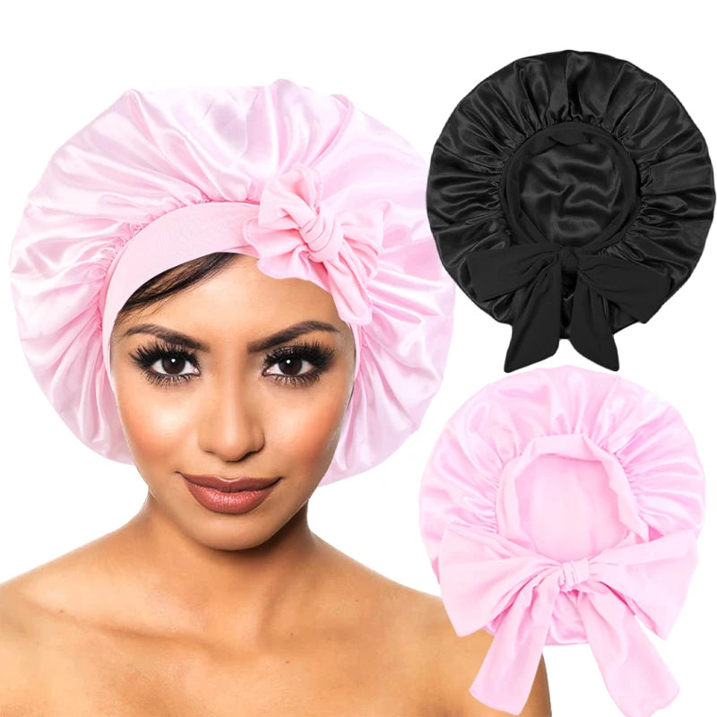 Touca de cetim para cabelo com faixa elástica larga