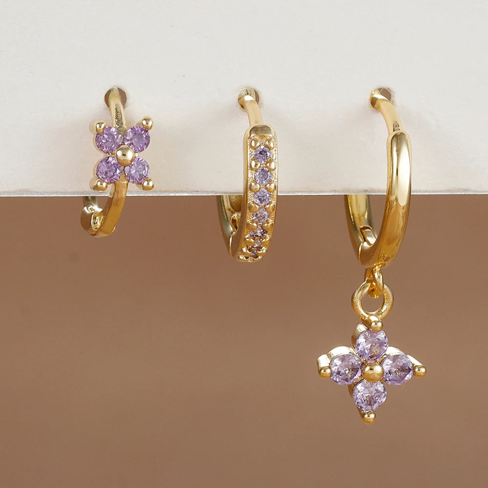Kit 3 pares de brincos de flor com cristal