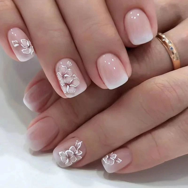 Kit 24 unhas postiças francesinha floral com cola