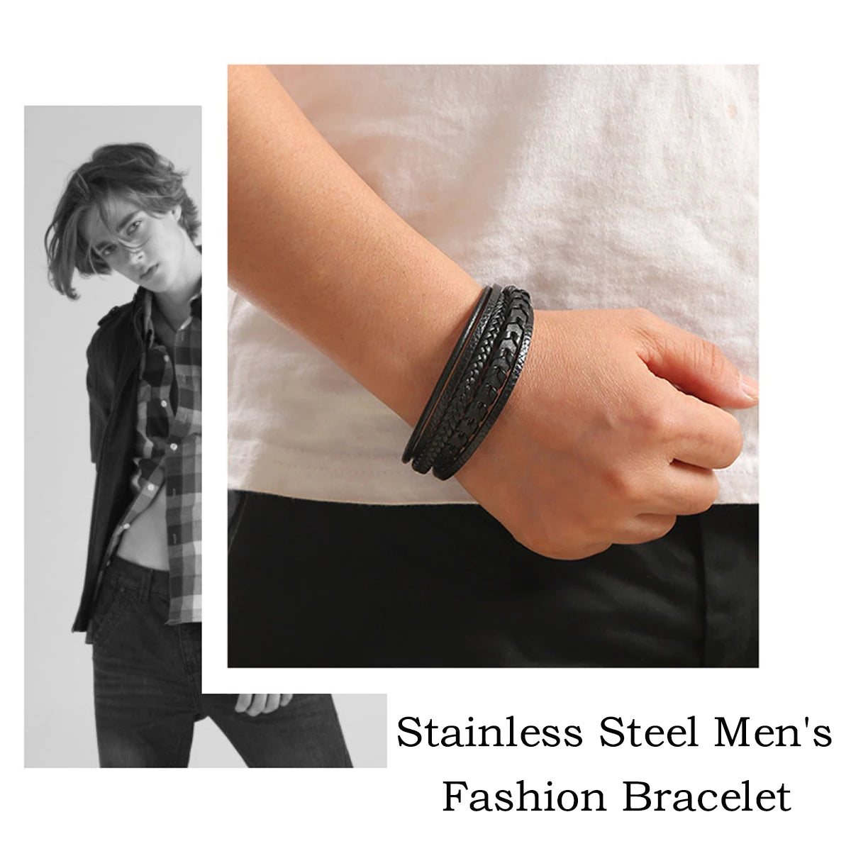 Pulseira masculina de couro trançado em camadas