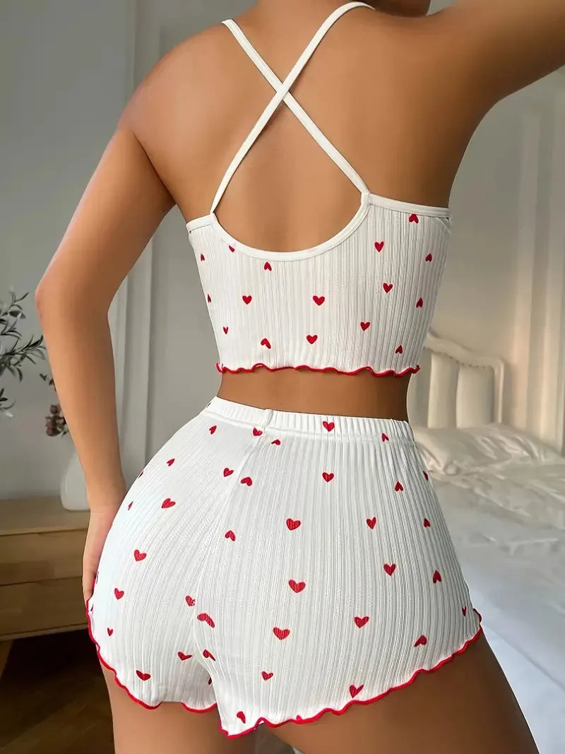 Pijama canelado de corações com babado