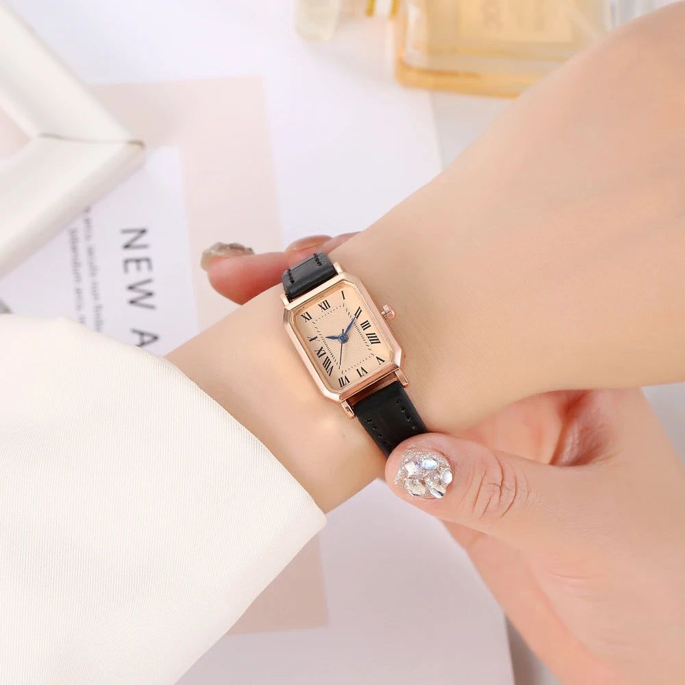Relógio feminino quadrado retrô com pulseira de couro