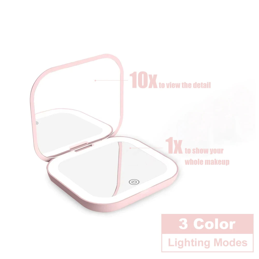 Espelho de bolso com luz LED e aumento 2x