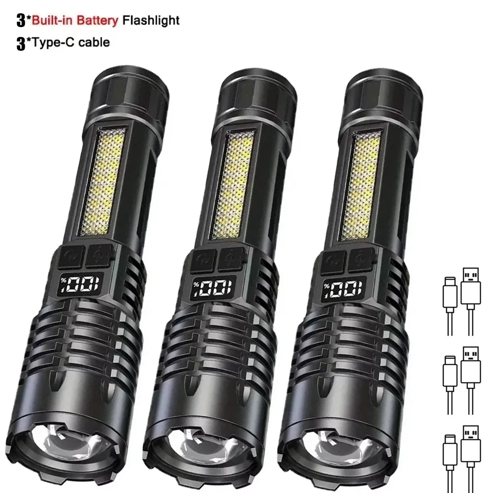 Lanterna LED potente recarregável com luz lateral