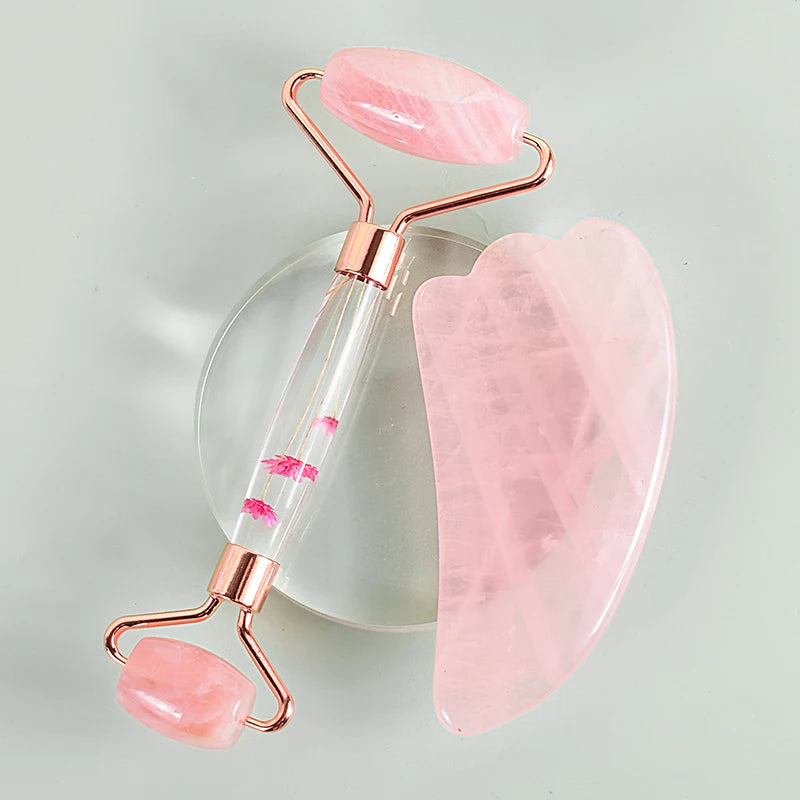 Rolo facial de pedra com ponta dupla e gua sha