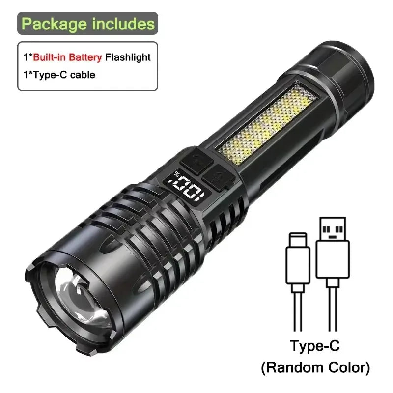 Lanterna LED potente recarregável com luz lateral