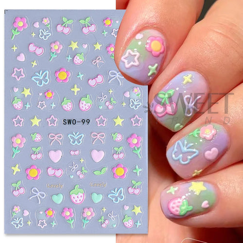 Adesivos de unha fofos (flor, cereja, coração e laço)