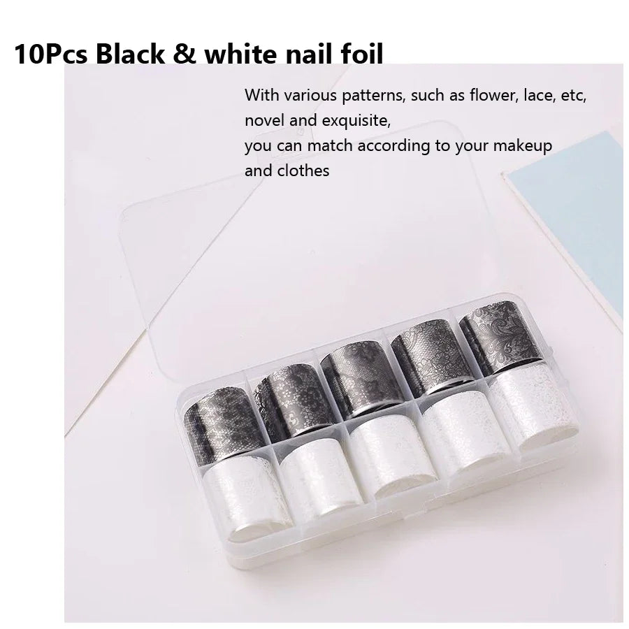 Kit 10 rolos de foil para unhas renda preto e branco
