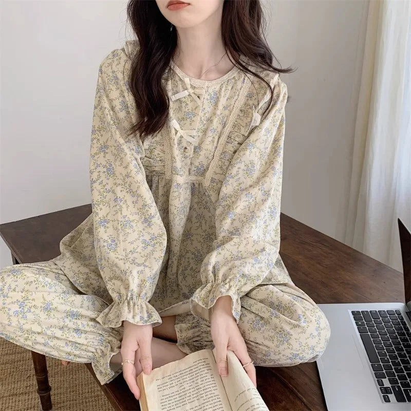 Pijama feminino plus size de manga longa com laço