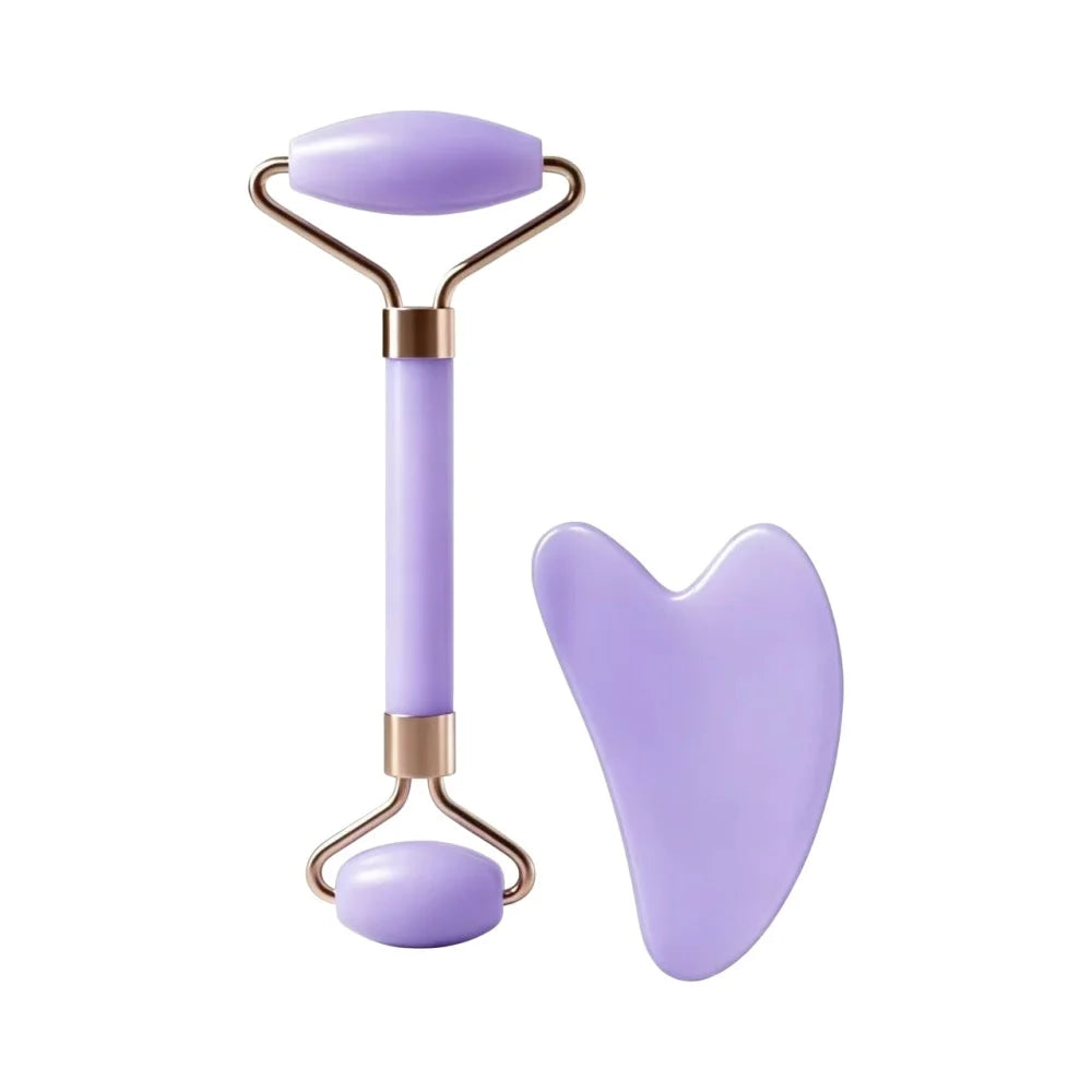 Kit massageador facial duplo com gua sha de coração