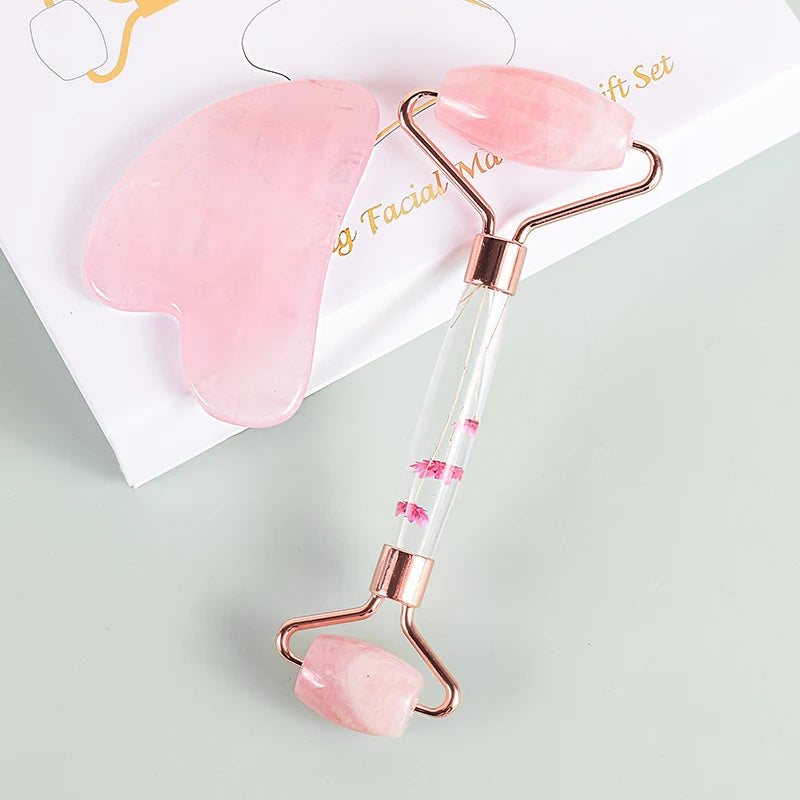 Rolo facial de pedra com ponta dupla e gua sha