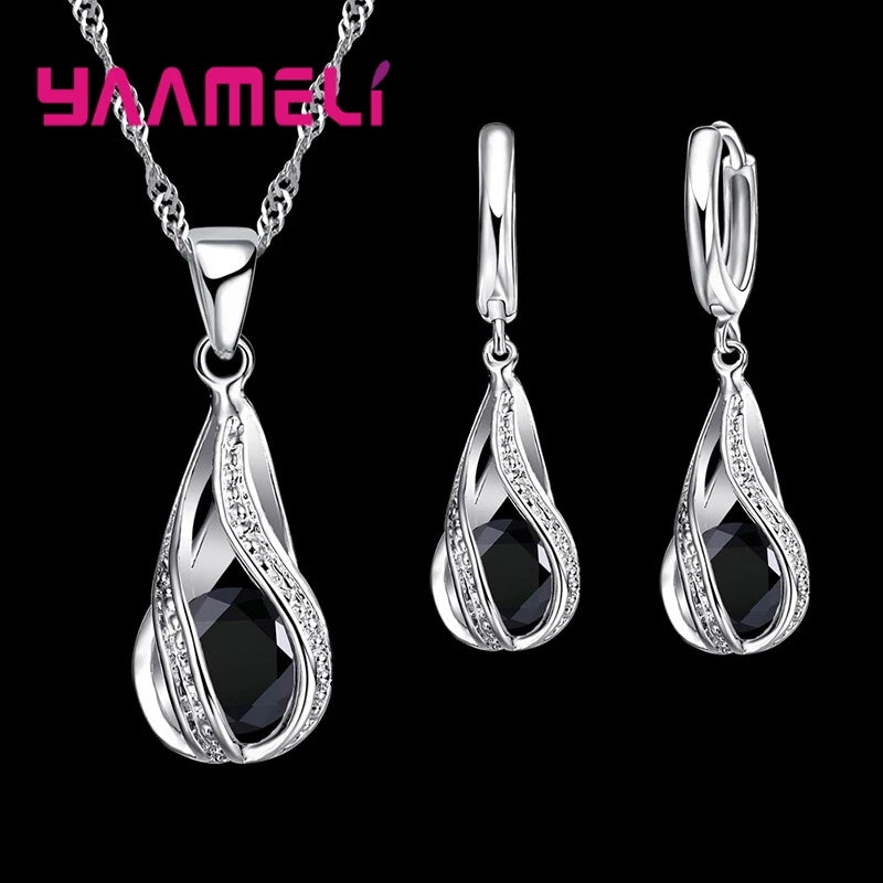 Conjunto colar e brincos gota com zircônia